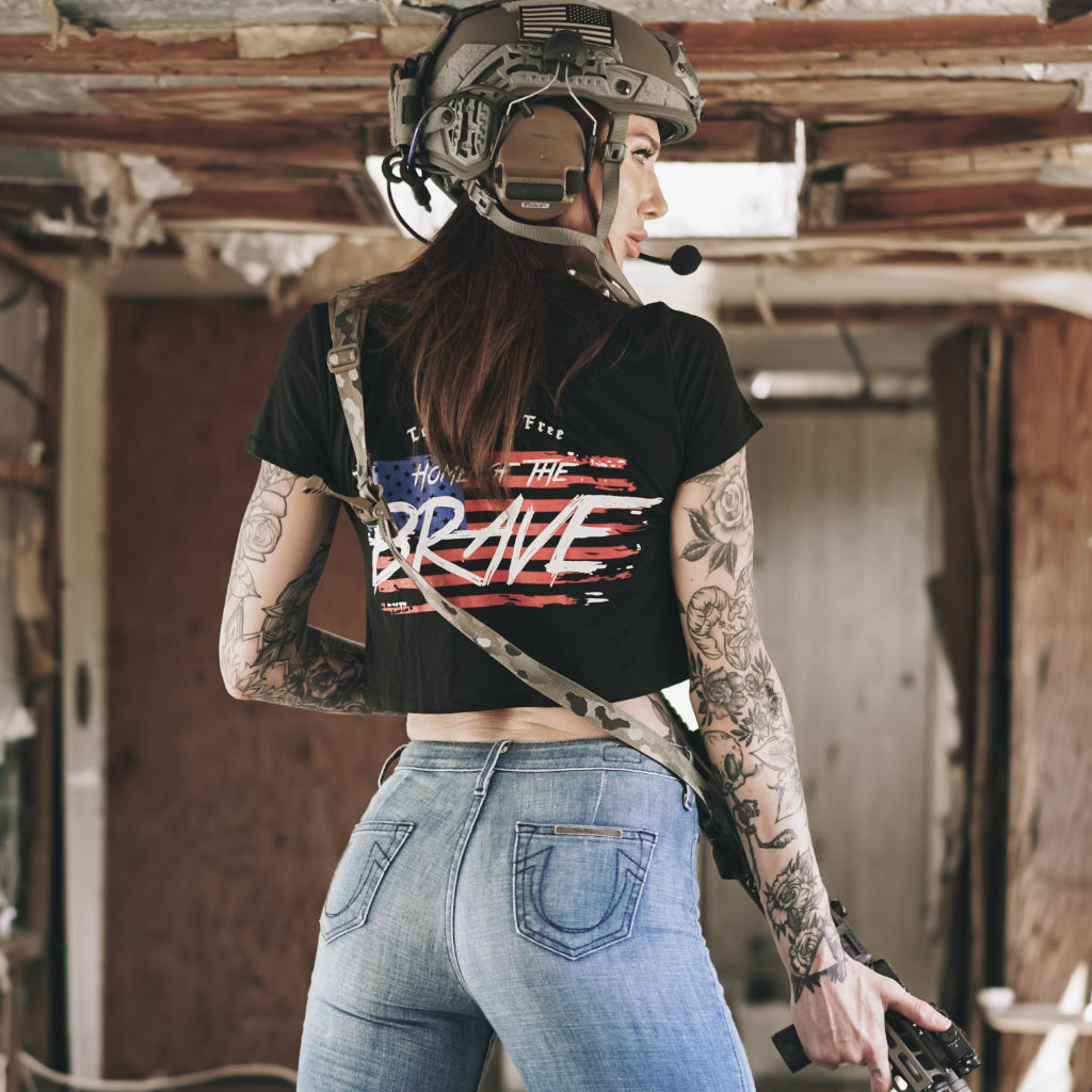 Land of the free, home of the brave Women's Crop Tee- Black/Red